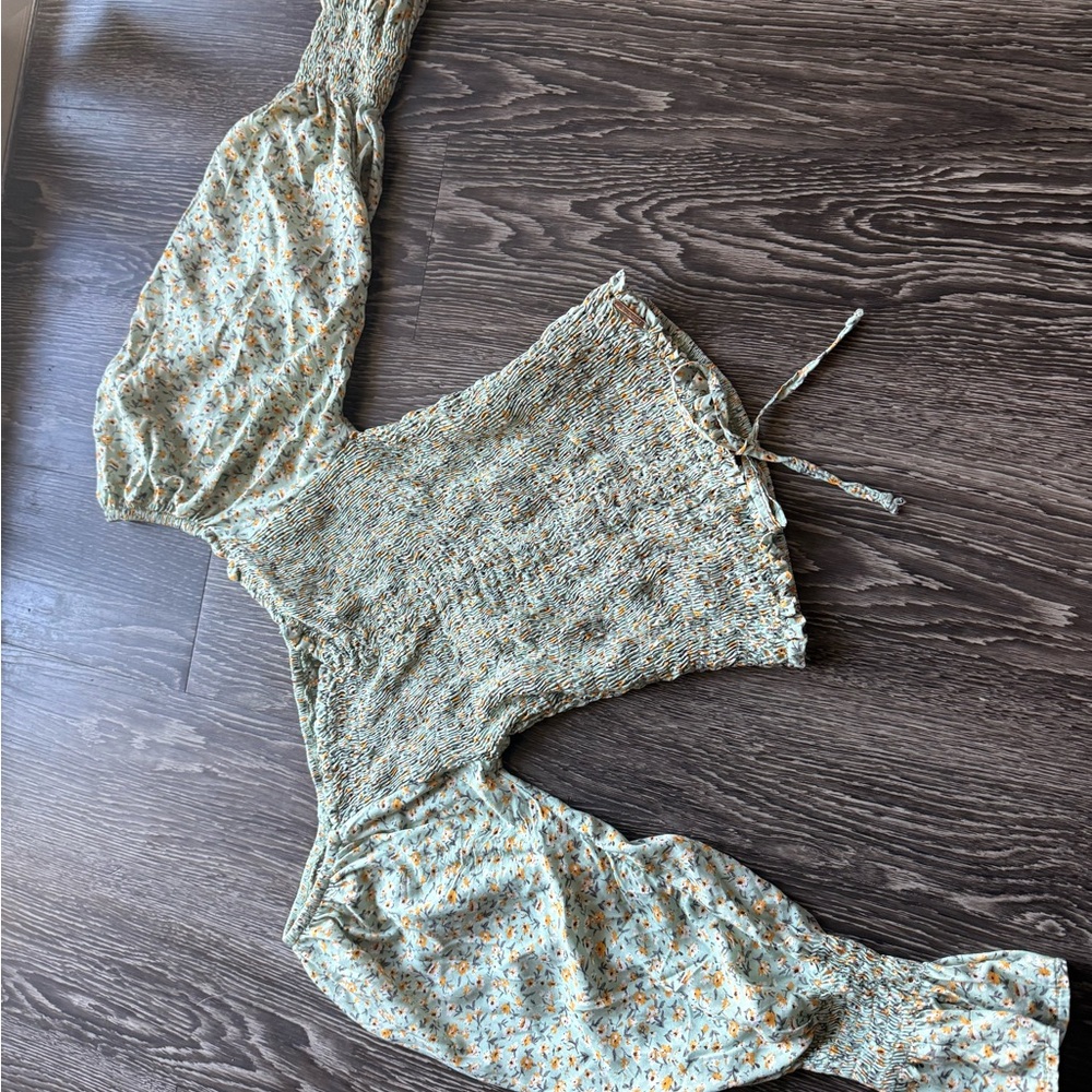 Floral Smocked Blouse in Cream and Blue
